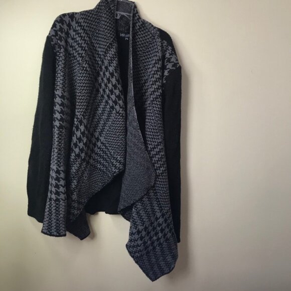 Lady Dutch Houndstooth Open Cardigan Sweater Wrap Knit Color Block Grey Black M - Picture 10 of 12